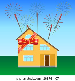 House on the lawn, tied with a festive ribbon, fireworks in the sky