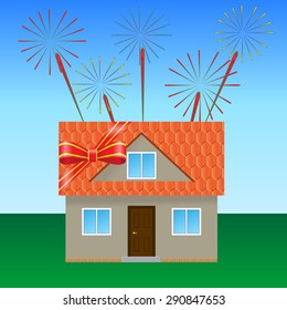 House on the lawn, tied with a festive ribbon, fireworks in the sky 
