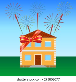House on the lawn, tied with a festive ribbon, fireworks in the sky 