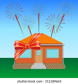 House on the lawn, tied with a festive ribbon, fireworks in the sky