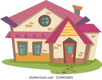 House on the lawn. Vector illustration. White background. Vector illustration in cartoon style.
