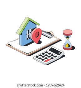 House on the map label, real estate sale contract, cost calculation, stroke illustration. Vector 3d line isometric, color web icons, new flat style. Creative design idea for infographics.