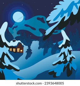 a house on a meadow in the middle of the forest.
winter pine forest. winter rest, starry night sky, smoke from the chimney