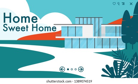 House on the minimal landscape in website template style with text on the copy space - Home Sweet Home