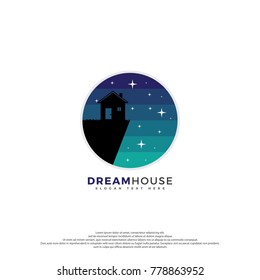 House on Night starry sky, dark blue space background with stars, Flat style design circle shape.