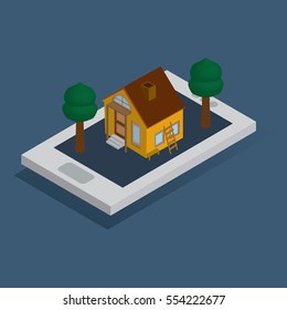 House on phone screen cartoon vector illustration