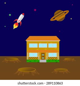 house on the planet, on the background of the cosmos and the planet