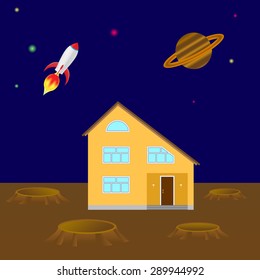 house on the planet, on the background of the cosmos and the planet