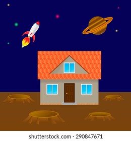 house on the planet, on the background of the cosmos and the planet