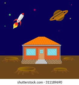 house on the planet, on the background of the cosmos and the planet