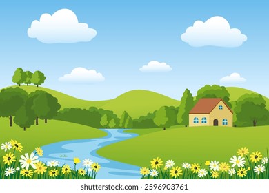 House on the river bank in the countryside with a lawn, flowers, trees, bushes against the background of forest and hills. House by the river vector illustration. Rural landscape.