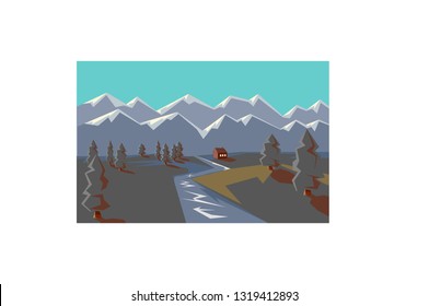house on the river in winter mountains