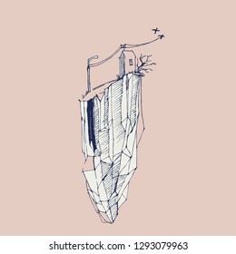 house on a rock floating in the air, a piece of land with all the comfort of a hand-drawn sketch. vector illustration.
