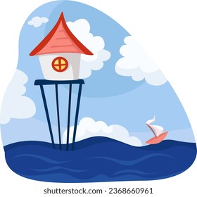 House on the sea, illustration, vector on a white background.