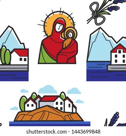 House on shore and ice mountains Montenegrin landscape holy icon seamless pattern vector buildings tree and sea mount or rocks Maria and Jesus endless texture Montenegro wallpaper print traveling.