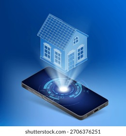 Casa en una pantalla de teléfono inteligente. Tecnología inteligente para el hogar. Control y gestión de la casa a través de smartphone. Ilustración vectorial.
