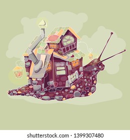 House on a snail. Children's vector illustration. Cartoon style. Print for children's textiles. Emblem.
