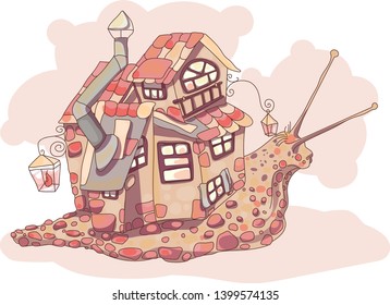 House on a snail. Children's vector illustration. Cartoon style. Print for children's textiles. Emblem.
