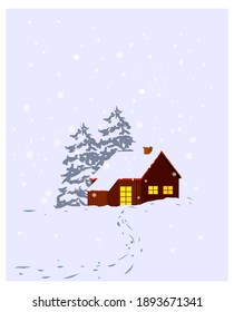 Casa sobre el paisaje de nieve de fondo ilustración vectorial. Temporada de invierno, blanco, colina, casa familiar.