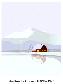 House on snow landscape background vector illustration.Winter season, white,hill, family house.