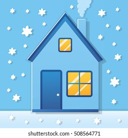 House on a snowy background, winter holiday card, paper style.