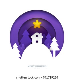 House on snowy hill with star in paper cut trendy craft cartoon style. Christmas, new year modern design for advertising, branding background greeting card, cover, poster, banner. Vector illustration.