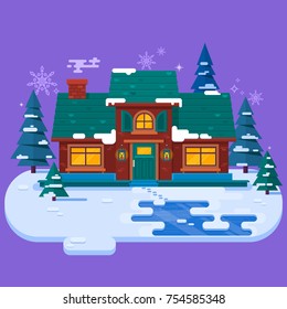 House on a snowy winter night . Christmas card, flat vector illustration. Winter snowing background.