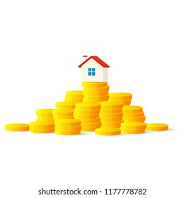House on stack of coins. Real estate and property concept. Clipart image isolated on white background