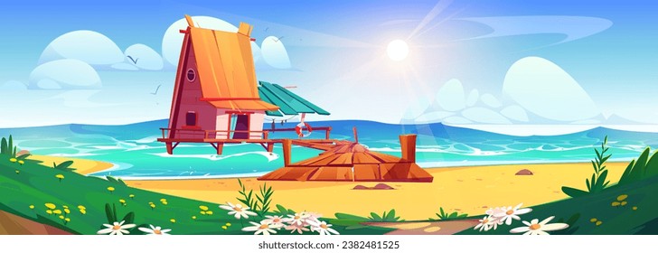 House on stilt with pier near beach in summer vector illustration. Thailand or hawaiian tropical hotel cabin with wharf on peaceful ocean coast. Exotic resort cottage with roof and wood bridge path.