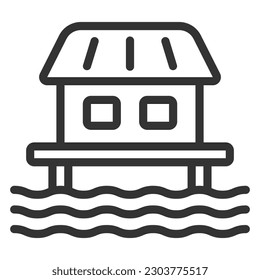 Haus auf Pfählen auf Wasser - Symbol, Illustration auf weißem Hintergrund, Skizze