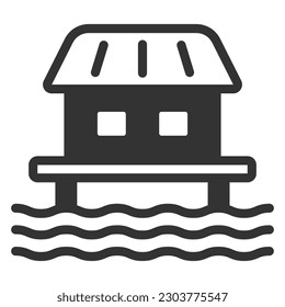 Haus auf Pfählen auf Wasser - Symbol, Illustration auf weißem Hintergrund, Glyphostik