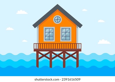 Haus auf Pfählen im Meer. Überschwemmung mit Wasser. flache Vektorgrafik.