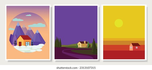 House on summer landscape set vector illustration.