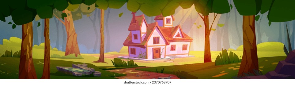 House on sunny glade in magic forest. Vector cartoon illustration of nice old cottage with wooden windows, door, chimney on roof, stone footpath in shadows of tall trees, fairytale game background