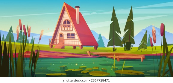 House on swamp with reed cartoon game landscape. Pond and grass fantasy nature environment background. Fairy tale beautiful outdoor sunny summer concept with river shore and wood hut exterior design