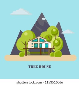 House on the tree for adults and kids.Flat illustration with mountains.