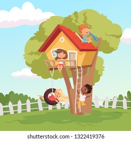 House on tree. Cute children playing in garden nature climbing vector kids background