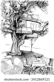 A house on a tree. Hand drawn illustration. Pen and ink on paper. Can be used for book illustrations, T-shirt printing, etc.
