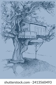 A house on a tree. Hand drawn illustration. Pen and ink on paper. Can be used for book illustrations, T-shirt printing, etc.
