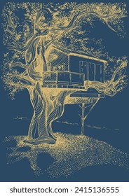 A house on a tree. Hand drawn illustration. Pen and ink on paper. Can be used for book illustrations, T-shirt printing, etc.