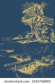 A house on a tree. Hand drawn illustration. Pen sketch converted to vector drawing. Can be used for book illustrations, T-shirt printing, etc.