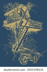 A house on a tree. Hand drawn illustration. Pen sketch converted to vector drawing. Can be used for book illustrations, T-shirt printing, etc.