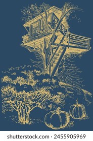 Ein Haus auf einem Baum. Handgezeichnete Illustration. Stiftskizze in Vektorgrafik konvertiert. Kann für Buchillustrationen, T-Shirt-Druck, etc. verwendet werden.