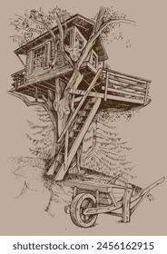 A house on a tree. Hand drawn illustration. Pen sketch converted to vector drawing. Can be used for book illustrations, T-shirt printing, etc.