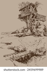 A house on a tree. Hand drawn illustration. Pen sketch converted to vector drawing. Can be used for book illustrations, T-shirt printing, etc.