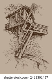 A house on a tree. Hand drawn illustration. Pen sketch converted to vector drawing. Can be used for book illustrations, T-shirt printing, etc.
