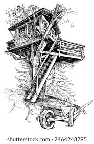 A house on a tree. Hand drawn illustration. Pen sketch converted to vector drawing. Can be used for book illustrations, T-shirt printing, etc.
