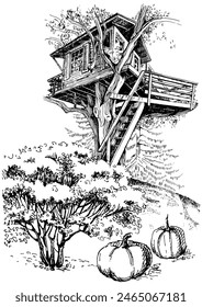 A house on a tree. Hand drawn illustration. Pen sketch converted to vector drawing. Can be used for book illustrations, T-shirt printing, etc.
