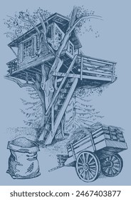 A house on a tree. Hand drawn illustration. Pen sketch converted to vector drawing. Can be used for book illustrations, T-shirt printing, etc.

