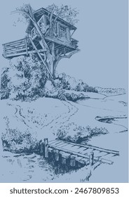 A house on a tree. Hand drawn illustration. Pen sketch converted to vector drawing. Can be used for book illustrations, T-shirt printing, etc.

